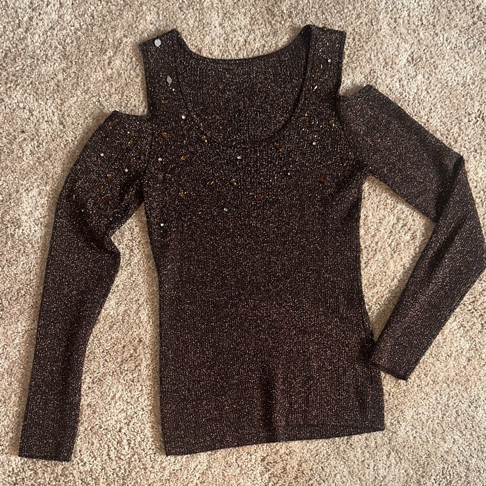 Sparkle Cold-Shoulder Knit Top - Black with Gold Glitter